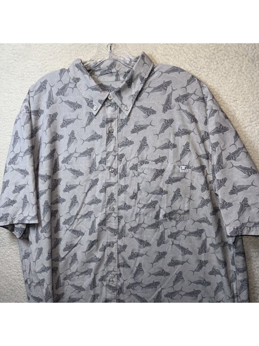 Huk Fishing Mens 2XL Gray Button-Up Shirt With Fish Print Short Sleeves